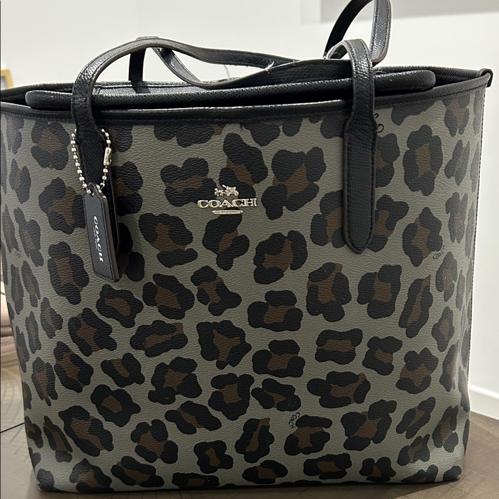 Coach Leopard Print Tote in Black and Brown